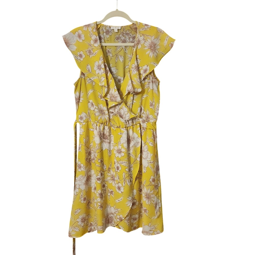 Charming Charlie Women's Yellow Wrap Floral Ruffle Dress, Large